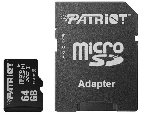 Карта памяти Patriot LX Series PSF64GMCSDXC10 microSD, 64Gb, Class10, UHS Class 1, чтение  до 80 Мб/сек, с SD адаптером