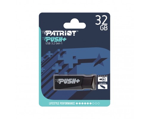 Флеш карта Patriot PUSH+ PSF32GPSHB32U 32Gb, USB 3.2, пластик, выдвижной коннектор, черный