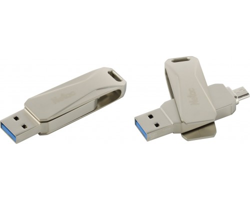 Флеш карта Netac U381 NT03U381B-016G-30PN 16Gb, USB 3.0 + microUSB, поворотная крышка, металл, серебристый