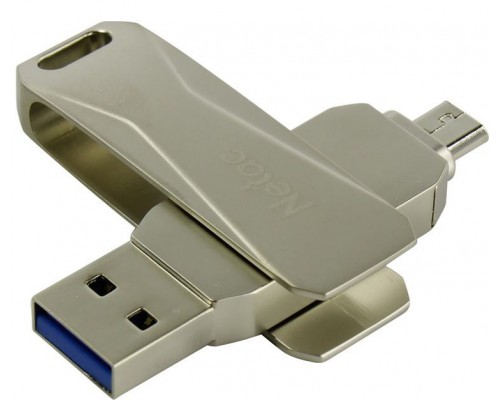 Флеш карта Netac U381 NT03U381B-016G-30PN 16Gb, USB 3.0 + microUSB, поворотная крышка, металл, серебристый