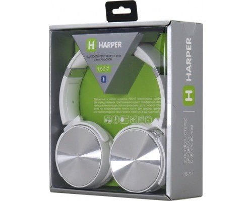 Гарнитура Harper HB-217 white беспроводная, накладная, mp3, 20-20000 Гц, 32 Ом, 105 дБ, Bluetooth/mini jack 3.5 мм, microSD, 300 мАч, белая