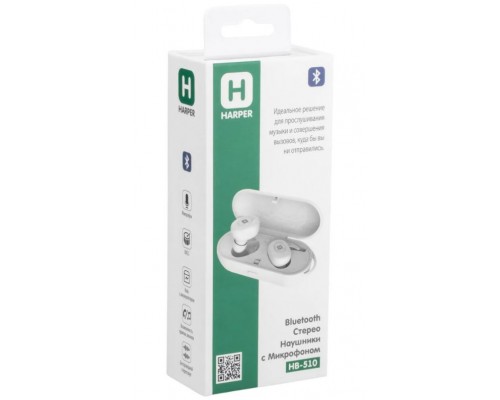 Наушники Harper HB-510 white TWS, беспроводные, вкладыши, 20-20000 Гц, 32 Ом, 99 дБ, Bluetooth/microUSB, 6 мм, 40 мАч, 500 мАч, белые