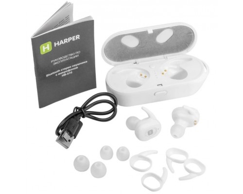 Наушники Harper HB-510 white TWS, беспроводные, вкладыши, 20-20000 Гц, 32 Ом, 99 дБ, Bluetooth/microUSB, 6 мм, 40 мАч, 500 мАч, белые