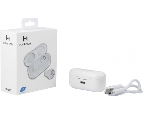 Наушники Harper HB-523 white TWS, беспроводные, вкладыши, 20-20000 Гц, 95 дБ, Bluetooth/USB Type-C, 6 мм, 40 мАч, 500 мАч, белые