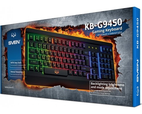 Клавиатура Sven KB-G9450 мембранная, проводная, 104 кн, USB, RGB подсветка, металлич.корпус, черная