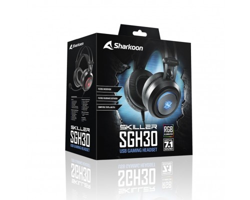 Гарнитура Sharkoon Skiller SGH30 проводная, звук 7.1, 20-20000 Гц, 32 Ом, 92 дБ, USB, 40 мм, 100-10000 Гц, -56 дБ, RGB подсветка, черная