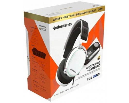 Гарнитура SteelSeries Arctis Pro+GameDAC white SS61454 проводная, 10-40000 Гц, 32 Ом, 102 дБ, USB/mini jack 3.5 mm, 100-10000 Гц, -38 дБ, 40 мм, звуковая карта с OLED-дисплеем