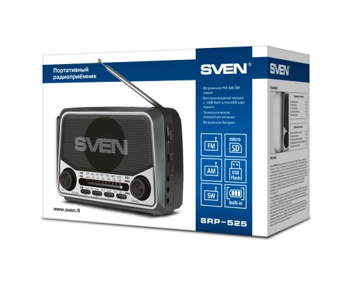 Радиоприемник Sven SRP-525 аналоговый, FM/AM/SW, стерео, 3 Вт, 150-20000 Гц, 76 мм, USB Type A/AUX/micrоSD, фонарик, ремешок, серый