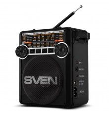 Радиоприемник Sven SRP-355 аналоговый, FM/AM/SW, 8-ми диапазонный, AUX/USB/microSD/SD, 150-20000 Гц, 3 Вт, 76 мм, фонарик, черный                                                                                                                         