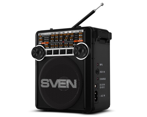 Радиоприемник Sven SRP-355 аналоговый, FM/AM/SW, 8-ми диапазонный, AUX/USB/microSD/SD, 150-20000 Гц, 3 Вт, 76 мм, фонарик, черный