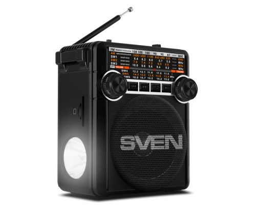 Радиоприемник Sven SRP-355 аналоговый, FM/AM/SW, 8-ми диапазонный, AUX/USB/microSD/SD, 150-20000 Гц, 3 Вт, 76 мм, фонарик, черный