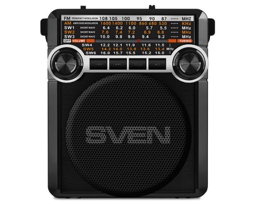 Радиоприемник Sven SRP-355 аналоговый, FM/AM/SW, 8-ми диапазонный, AUX/USB/microSD/SD, 150-20000 Гц, 3 Вт, 76 мм, фонарик, черный