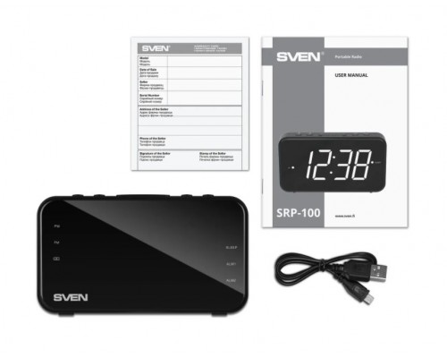 Радиоприемник Sven SRP-100 с будильником, 2 Вт, 350-10000 Гц, FM 87.5-108 кГц, USB Type-C, LED-дисплей, 1200 мАч, черный