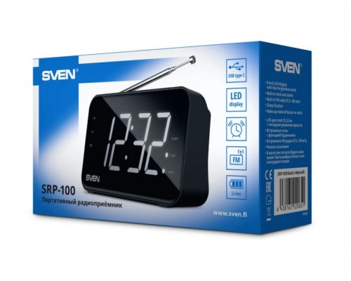 Радиоприемник Sven SRP-100 с будильником, 2 Вт, 350-10000 Гц, FM 87.5-108 кГц, USB Type-C, LED-дисплей, 1200 мАч, черный