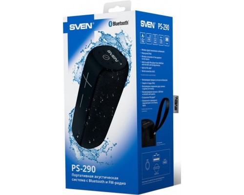 Портативная колонка Sven PS-290 black стерео, 20 Вт, 60-20000 Гц, Bluetooth, TWS, FM-тюнер, microSD, microUSB/USB, mini jack 3.5 мм, 3000 мАч, IPX6, черная