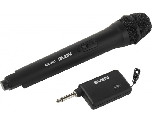 Микрофон Sven MK-700 SV-020507 беспроводной, для вокала, 80-12000 Гц, -60 дБ, радио/штекер 6.3 мм, ресивер, 3 х AA, черный