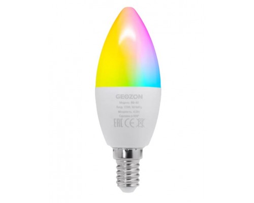 Умная LED лампочка Geozon RG-02 RGB, WiFi 802.11 b/g/n, E14, 2700K-6500K, C37, 350 lm, 4.5 Вт, AC 220-250В, до 15000 часов, белая + RGB