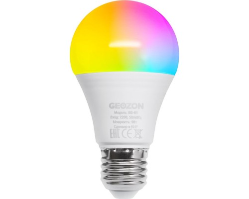 Умная LED лампочка Geozon RG-01 RGB, WiFi 802.11 b/g/n, E27, 2700K-6500K, А60, 806 lm, 10 Вт, AC 220-250В, до 15000 часов, белая + RGB