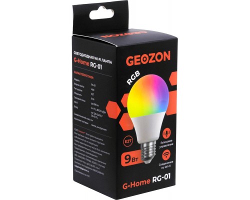 Умная LED лампочка Geozon RG-01 RGB, WiFi 802.11 b/g/n, E27, 2700K-6500K, А60, 806 lm, 10 Вт, AC 220-250В, до 15000 часов, белая + RGB