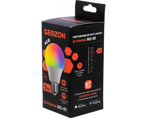 Умная LED лампочка Geozon RG-01 RGB, WiFi 802.11 b/g/n, E27, 2700K-6500K, А60, 806 lm, 10 Вт, AC 220-250В, до 15000 часов, белая + RGB