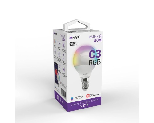 Умная LED лампочка Wi-Fi HIPER IoT LED C3 RGB, WiFi 2.4 ГГц, 802.11 b/g/n, E14, Globe P45, AC 220-250В, 2700K-6500K, 6 Вт, 520 лм, Android  iOS