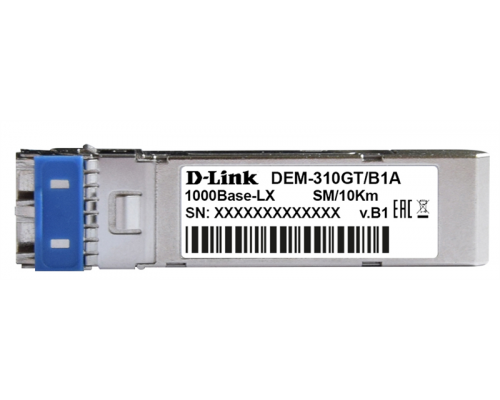 SFP-трансивер D-Link 310GT/B1A, SFP Transceiver with 1 1000Base-LX port.Up to 10km, single-mode Fiber, Duplex LC connector, Transmitting and Receiving wavelength: 1310nm, 3.3V power.