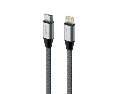 Unico Дата кабель type-С - lightning 2,1А, 5V/3A, 9V/2A, Power Delivery,  480 Мбит/с, нейлон, металл, 1м, серый