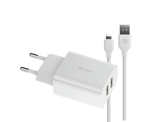 Unico Сетевое ЗУ, 2xUSB 2.0, вх 2,4А, вых 5V/2.4A 12W max, защита от КЗ, черный, вкл кабель lightning, белый