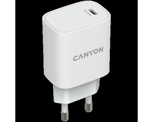 Адаптер питания Canyon, PD 20W Input: 100V-240V, Output: 1 port charge: USB-C:PD 20W (5V3A/9V2.22A/12V1.67A) , Eu plug, Over- Voltage ,  over-heated, over-current and short circuit protection Compliant with CE RoHs,ERP. Size: 80*42.3*30mm, 55g, White