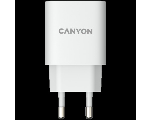 Адаптер питания Canyon, PD 20W Input: 100V-240V, Output: 1 port charge: USB-C:PD 20W (5V3A/9V2.22A/12V1.67A) , Eu plug, Over- Voltage ,  over-heated, over-current and short circuit protection Compliant with CE RoHs,ERP. Size: 80*42.3*30mm, 55g, White