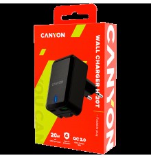 Адаптер питания Canyon, PD 20W/QC3.0 18W WALL Charger with 1-USB A+ 1-USB-C   Input: 100V-240V, Output: 1 port charge: USB-C:PD 20W (5V3A/9V2.22A/12V1.67A) , USB-A:QC3.0 18W (5V3A/9V2.0A/12V1.5A), 2 port charge: common charge,  total 5V, 3.4A, foldin