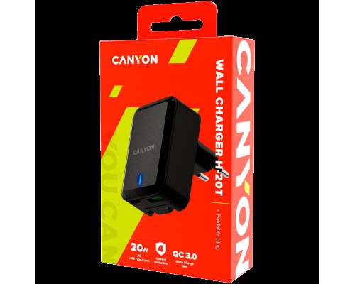 Адаптер питания Canyon, PD 20W/QC3.0 18W WALL Charger with 1-USB A+ 1-USB-C   Input: 100V-240V, Output: 1 port charge: USB-C:PD 20W (5V3A/9V2.22A/12V1.67A) , USB-A:QC3.0 18W (5V3A/9V2.0A/12V1.5A), 2 port charge: common charge,  total 5V, 3.4A, foldin