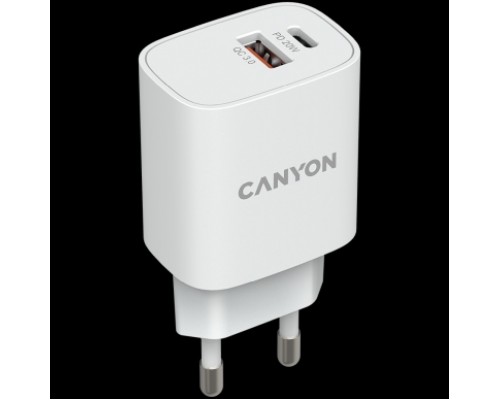 Адаптер питания Canyon, PD 20W/QC3.0 18W WALL Charger with 1-USB A+ 1-USB-C   Input: 100V-240V, Output: 1 port charge: USB-C:PD 20W (5V3A/9V2.22A/12V1.67A) , USB-A:QC3.0 18W (5V3A/9V2.0A/12V1.5A), 2 port charge: common charge,  total 5V, 3A, Eu plug