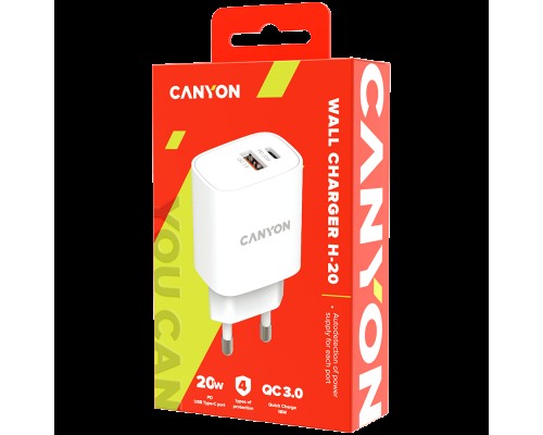 Адаптер питания Canyon, PD 20W/QC3.0 18W WALL Charger with 1-USB A+ 1-USB-C   Input: 100V-240V, Output: 1 port charge: USB-C:PD 20W (5V3A/9V2.22A/12V1.67A) , USB-A:QC3.0 18W (5V3A/9V2.0A/12V1.5A), 2 port charge: common charge,  total 5V, 3A, Eu plug