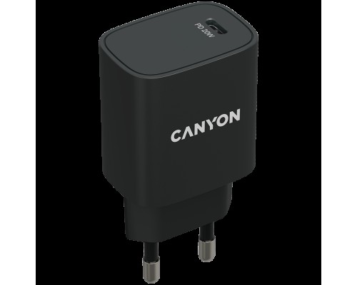 Адаптер питания Canyon, PD 20W Input: 100V-240V, Output: 1 port charge: USB-C:PD 20W (5V3A/9V2.22A/12V1.67A) , Eu plug, Over- Voltage ,  over-heated, over-current and short circuit protection Compliant with CE RoHs,ERP. Size: 80*42.3*30mm, 55g, Black