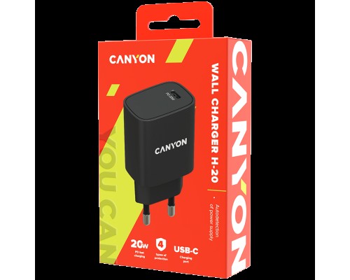 Адаптер питания Canyon, PD 20W Input: 100V-240V, Output: 1 port charge: USB-C:PD 20W (5V3A/9V2.22A/12V1.67A) , Eu plug, Over- Voltage ,  over-heated, over-current and short circuit protection Compliant with CE RoHs,ERP. Size: 80*42.3*30mm, 55g, Black