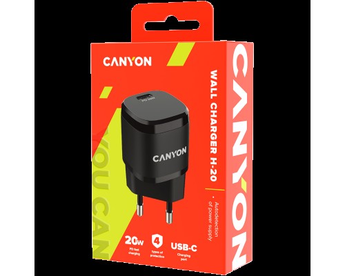 Адаптер питания Canyon, PD 20W Input: 100V-240V, Output: 1 port charge: USB-C:PD 20W (5V3A/9V2.22A/12V1.66A) , Eu plug, Over- Voltage ,  over-heated, over-current and short circuit protection Compliant with CE RoHs,ERP. Size: 68.5*29.2*29.4mm, 32.5g,