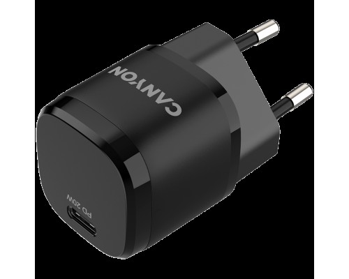 Адаптер питания Canyon, PD 20W Input: 100V-240V, Output: 1 port charge: USB-C:PD 20W (5V3A/9V2.22A/12V1.66A) , Eu plug, Over- Voltage ,  over-heated, over-current and short circuit protection Compliant with CE RoHs,ERP. Size: 68.5*29.2*29.4mm, 32.5g,