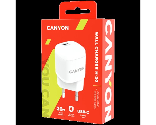 Адаптер питания Canyon, PD 20W Input: 100V-240V, Output: 1 port charge: USB-C:PD 20W (5V3A/9V2.22A/12V1.66A) , Eu plug, Over- Voltage ,  over-heated, over-current and short circuit protection Compliant with CE RoHs,ERP. Size: 68.5*29.2*29.4mm, 32.5g,