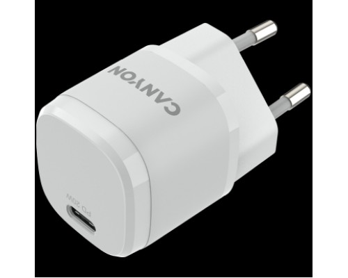 Адаптер питания Canyon, PD 20W Input: 100V-240V, Output: 1 port charge: USB-C:PD 20W (5V3A/9V2.22A/12V1.66A) , Eu plug, Over- Voltage ,  over-heated, over-current and short circuit protection Compliant with CE RoHs,ERP. Size: 68.5*29.2*29.4mm, 32.5g,