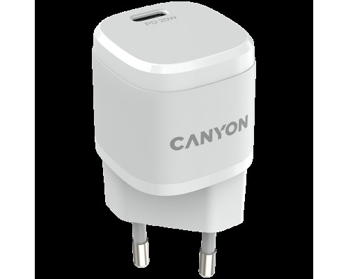 Адаптер питания Canyon, PD 20W Input: 100V-240V, Output: 1 port charge: USB-C:PD 20W (5V3A/9V2.22A/12V1.66A) , Eu plug, Over- Voltage ,  over-heated, over-current and short circuit protection Compliant with CE RoHs,ERP. Size: 68.5*29.2*29.4mm, 32.5g,