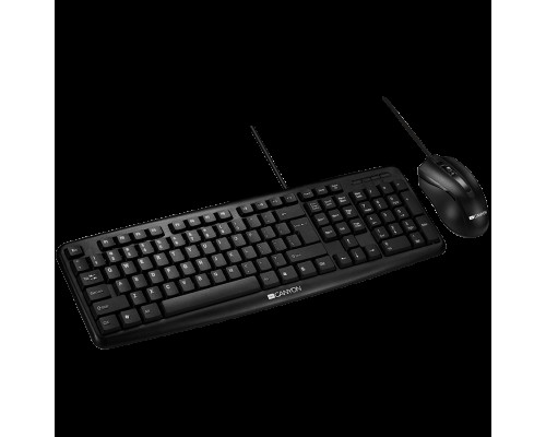 Комплект из клавиатуры и мыши CANYON USB standard KB,  104 keys, water resistant RU layout bundle with optical 3D wired mice 1000DPI,USB2.0, Black, cable length 1.5m(KB)/1.5m(MS), 443*145*24mm(KB)/115.3*63.5*36.5mm(MS), 0.44kg