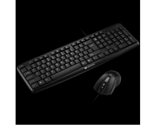 Комплект из клавиатуры и мыши CANYON USB standard KB,  104 keys, water resistant RU layout bundle with optical 3D wired mice 1000DPI,USB2.0, Black, cable length 1.5m(KB)/1.5m(MS), 443*145*24mm(KB)/115.3*63.5*36.5mm(MS), 0.44kg