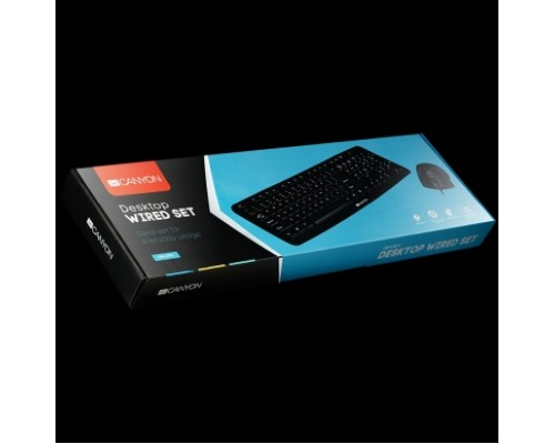 Комплект из клавиатуры и мыши CANYON USB standard KB,  104 keys, water resistant RU layout bundle with optical 3D wired mice 1000DPI,USB2.0, Black, cable length 1.5m(KB)/1.5m(MS), 443*145*24mm(KB)/115.3*63.5*36.5mm(MS), 0.44kg