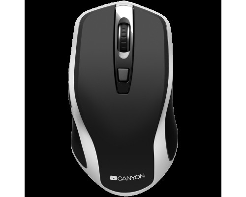 Мышь  CANYON MW-19 2.4GHz Wireless Rechargeable Mouse with Pixart sensor, 6keys, Silent switch for right/left keys,DPI: 800/1200/1600, Max. usage 50 hours for one time full charged, 300mAh Li-poly battery, Black -Silver, cable length 0.6m, 121*70*39m