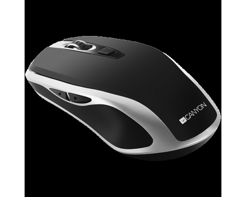 Мышь  CANYON MW-19 2.4GHz Wireless Rechargeable Mouse with Pixart sensor, 6keys, Silent switch for right/left keys,DPI: 800/1200/1600, Max. usage 50 hours for one time full charged, 300mAh Li-poly battery, Black -Silver, cable length 0.6m, 121*70*39m