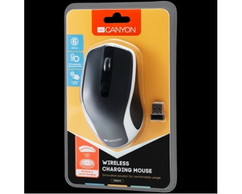 Мышь  CANYON MW-19 2.4GHz Wireless Rechargeable Mouse with Pixart sensor, 6keys, Silent switch for right/left keys,DPI: 800/1200/1600, Max. usage 50 hours for one time full charged, 300mAh Li-poly battery, Black -Silver, cable length 0.6m, 121*70*39m