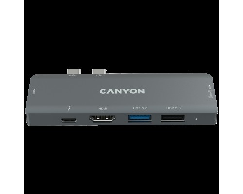 Док, USB-концентратор Canyon DS-05B Multiport Docking Station with 7 port, 1*Type C PD100W+2*HDMI+1*USB3.0+1*USB2.0+1*SD+1*TF. Input 100-240V, Output USB-C PD100W&USB-A 5V/1A, Aluminum alloy, Space gray, 104*42*11mm, 0.046kg(Generation B)