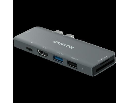 Док, USB-концентратор Canyon DS-05B Multiport Docking Station with 7 port, 1*Type C PD100W+2*HDMI+1*USB3.0+1*USB2.0+1*SD+1*TF. Input 100-240V, Output USB-C PD100W&USB-A 5V/1A, Aluminum alloy, Space gray, 104*42*11mm, 0.046kg(Generation B)