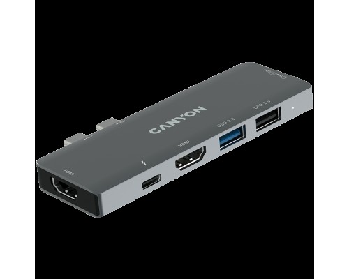 Док, USB-концентратор Canyon DS-05B Multiport Docking Station with 7 port, 1*Type C PD100W+2*HDMI+1*USB3.0+1*USB2.0+1*SD+1*TF. Input 100-240V, Output USB-C PD100W&USB-A 5V/1A, Aluminum alloy, Space gray, 104*42*11mm, 0.046kg(Generation B)